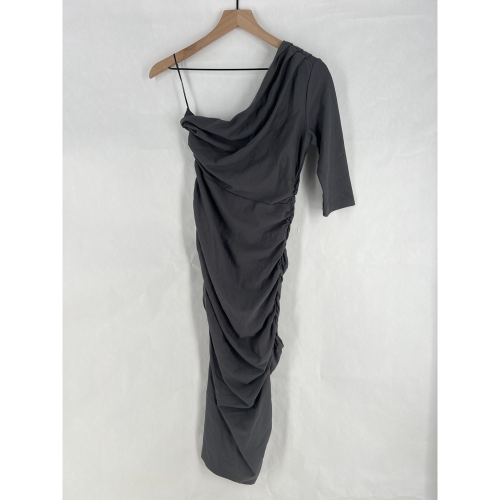 Alieva Dolly Elegant Bodycon Dress Womens M Gray Ruched Cocktail One Shoulder‎